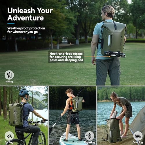 MARCHWAY Roll Top Waterproof Backpack, Floating Dry Bag 20L/30L/45L with Ergonomic Rectangular Base, Cushioned Back, Hip Strap for Hiking Camping Kayaking Travel (Army Green, 30L) - color: Army Green, size: 30L
