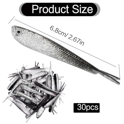30 Pcs Plastic Soft Fishing Lures Silver Lifelike Forked Tail Minnow Crappie Fishing Swim Baits Tackle Lure for Saltwater Freshwater Bass Walleye Trout Chub Rockfish
