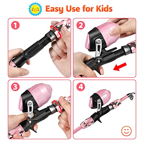 PLUSINNO Kids Fishing Pole with Spincast Reel Telescopic Fishing Rod Combo Full Kits for Boys, Girls, and Adults - color: Pink, size: 5FT / 1.5M