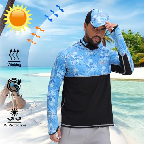 Men's Performance Fishing Shirts,Sun Protection Hoodie Long Sleeve UPF 50+ Hiking Shirt with Mask Cap - color: Blue 1, size: Large