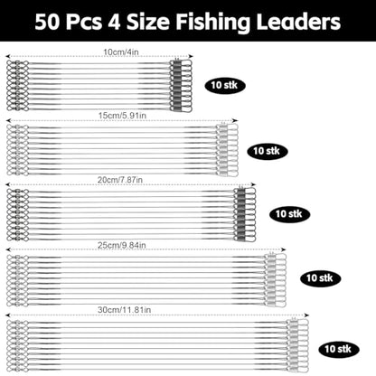 DONQL 50pcs Fishing Leaders, Stainless Steel Fish Line, 10/15/20/25/30cm Wire with Swivels Snaps Connect Fishing Gear and Equipment Tackle Kit, for Bait Lures Rigs Hooks - color: Silver