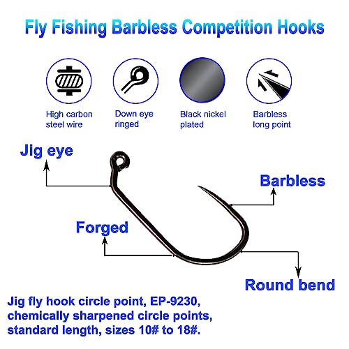 Eupheng 100pcs Plus Best Barbless Competition Fly Fishing Hook Collection, Dry Nymph Strimp&Pupa, Pupa jig Fly Hooks High Carbon Competition Hook - color: Jig Fly Hook Circle Point EP-9230, size: 18#
