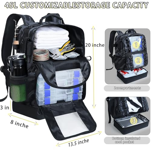 Fishing Tackle Backpack with Cooler,45L Large Tackle Bag with 2 Rod Holders & Clear Window,Outdoor Fishing Backpack for Fishing,Camping,Hiking,Camouflage Black - color: Camouflage Black