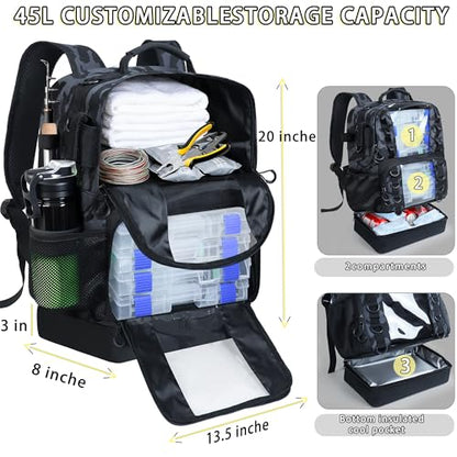 Fishing Backpack with Tackle Boxes,45L Large Tackle Bag with Cooler & Fishing Gear Kit,Waterproof Tackle Backpack for Gift with Fishing Lures, Fishing Pliers,Camouflage - color: Camouflage Black(with Fishing Gear)