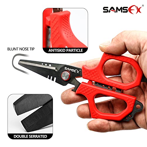 SAMSFX 6.5" Pro Fishing Shears Dual Serrated Blades, Fishing Braided Line Scissors with Titanium Coating, Non-Slip Grip & Multifunction Tool, Includes Hard Molded Locking Sheath & Coiled Lanyard - color: A: Red Kraton Handle, Hard Sheath
