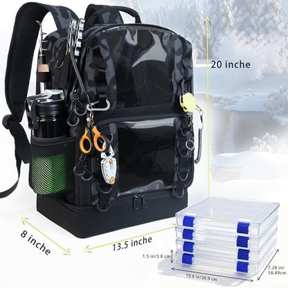 Fishing Tackle Backpack with 4 Tackle Boxes,45L Large Tackle Bag with 2 Rod Holders & Clear Window,Outdoor Fishing Backpack for Fishing,Camping,Hiking,Camouflage - color: Camouflage Black(with 4 Tackle Boxes)
