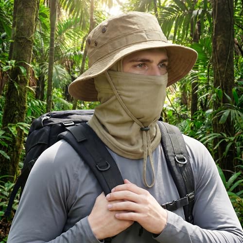 Pistha Sun Hats for Men with Balaclava Face Mask, UV Protection Bucket Hats for Mens Outdoor Fishing Safari Hiking - color: Khaki