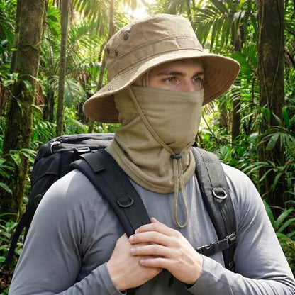Pistha Sun Hats for Men with Balaclava Face Mask, UV Protection Bucket Hats for Mens Outdoor Fishing Safari Hiking - color: Khaki