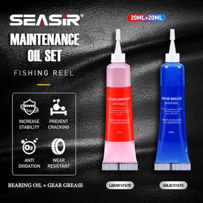 SEASIR Fishing Reel Oil, 2Pcs Reel Oil and Grease Kit, Multi-Purpose Reel Lubricant for Reel Bearings, Bushings and Shafts - Spinning, Baitcasting, Freshwater, Saltwater