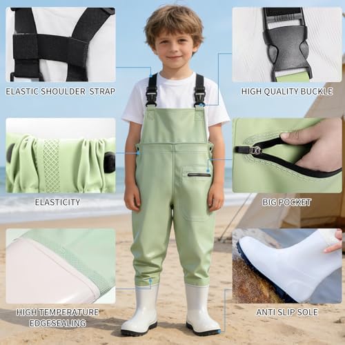 SooGree Kids Chest Wader with Non-Slip Boots,Youth Fishing Hunting Waterproof Waiters, Children Boys Girls Breathable Waders - color: Candy Green, size: Foot length：8.07"；Height：51.18"-55.11"