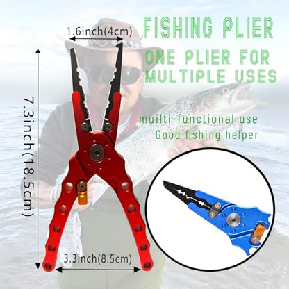 Fishing Pliers with Sheath，gloves and Lanyard; Multi-purpose Saltwater Fishing Pliers with Split Ring,Corrosion Resistance Fly Fishing Pliers(Red)