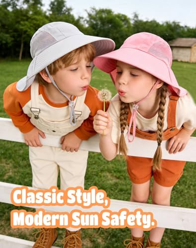Rosoz Kids Sun Hat with Neck Flap UV Protection Summer Toddler Beach Hat Unisex Ponytail Hat Wide Brim Fishing Hat - color: Light Pink+white