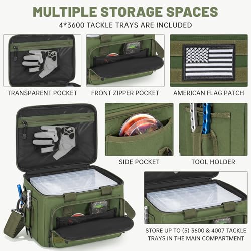 Fishing Tackle Bags with 4 * 3600 Tackle Boxes - Saltwater & Freshwater Compatible, Water Resistant & Durable Fishing Bags with Padded Shoulder Strap - Pliers and Gear Storage Green - color: Green, style: With 4 Tackle Boxes