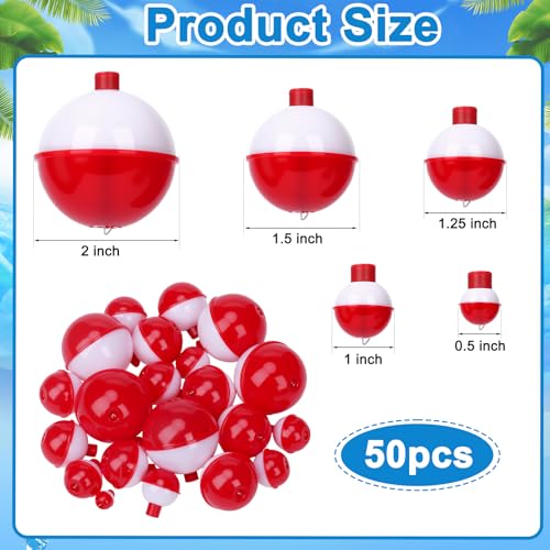 Coopay Fishing Bobbers 30Pcs-50Pcs/Lot Hard ABS Fishing Floats Set Snap on Float Red/White Bobbers Push Button Round Buoy Tackle Accessories - style: 0.5+1+1.25+1.5+2=50pcs