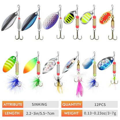 TRUSCEND Swim or Jig Fishing Spinner Baits for Freshwater and Saltwater, Rooster Tail Fishing Lures for Trout Bass Walleye Crappie Salmon Pike, Blade Bait with Copper Blade - color: D-12pcs-2.2-3in