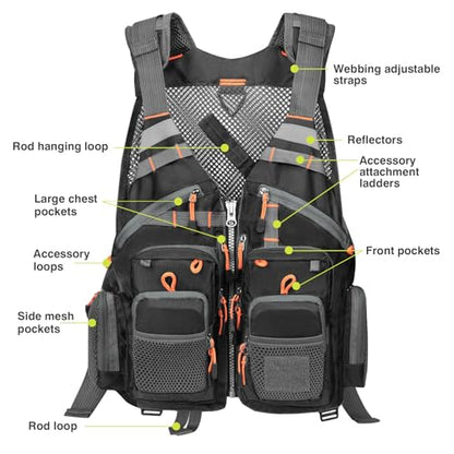 Gonex Fly Fishing Vest for Men Women, Comfortable Adjustable Fishing Vest with Multi-Pockets Reflective Stripes - color: Black+orange