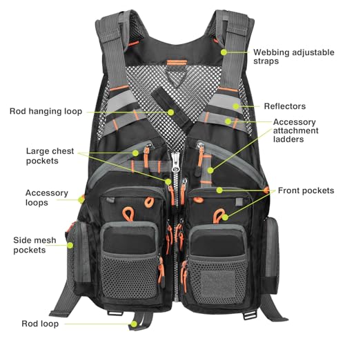 Gonex Fly Fishing Vest for Men Women, Comfortable Adjustable Fishing Vest with Multi-Pockets Reflective Stripes - color: Black+orange