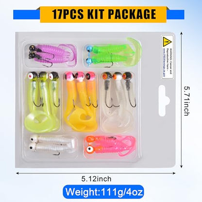 Grub Lures Fishing Jigs Head Hooks Kit- Crappie Jigs Soft Plastic Grub Tail Worm Lure Bait Buster Tubes Baits for Bass Trout Saltwater Freshwater Fishing - color: 17pcs kit