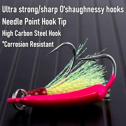Dr.Fish 5 Pack Pompano Jigs with Teaser Hooks, Surf Fishing Jig Heads Saltwater Lure Banana Shape Stand Up O'Shaughnessy Beach Casting Halibut Striper Redfish Flounder - color: Chartreuse, size: 3/8oz-Hook 3/0