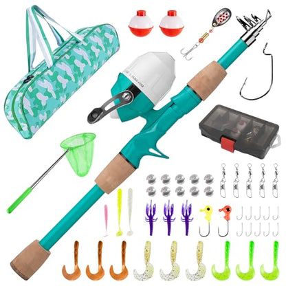 Kids Fishing Pole, Portable Telescopic Kids Fishing Poles for Boys Girls Youth, Fishing Rod and Reel Combo - color: Turquoise