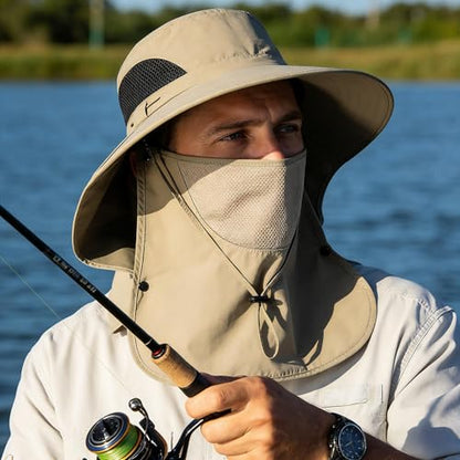 Sun Hat for Men and Women, UPF 50+ UV Protection, Wide Brim Breathable, Fish Hat with Neck Flap and Breathable Face Mask - color: Khaki
