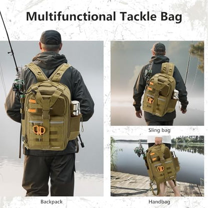 BASSDASH Convertible Fishing Backpack Sling Bag with Rod Holder, Adjustable Tactical Water-Resistant Tackle Storage Pack FP07 - color: Brown Khaki, size: Large