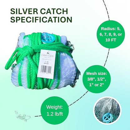 Cast Nets 4.5ft-10ft Radius|3/8",1/2",1" Mesh for Fishing with Chain Bottom, Salt Water Casting Fishing Net Gear, Easy Throw Nets Fishing Bait - Elite Series - size: 10' Radius | 1" Mesh