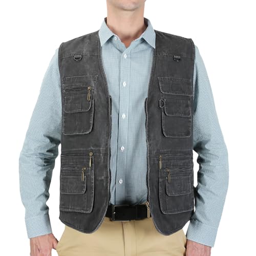 Men's Stone Washed Denim Multi-pocketed Fishing Work Outerwear Vest - color: Black, size: Medium