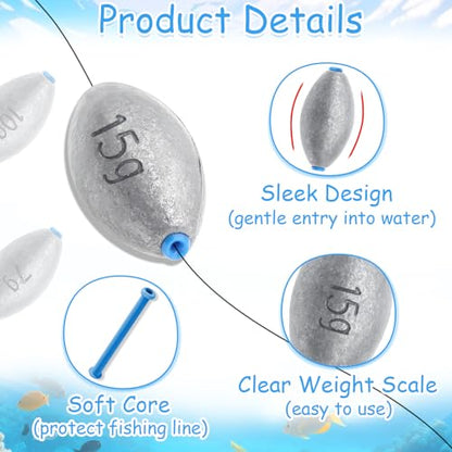 25Pcs 5 Size Egg Fishing Sinker Weights Assortment | Oval Shaped Bullet Bass Casting Fishing Weights for Saltwater Freshwater