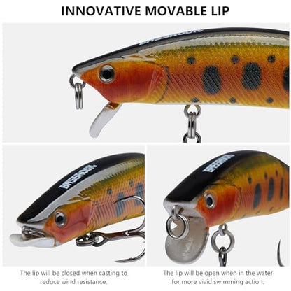 BASSROCK Minnow Swimbait Bass Trout Fishing Lure with Movable Lip Hard Bait 3.5” 1/2oz - color: Golden Trout