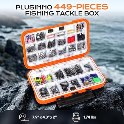 PLUSINNO Fishing Gear Accessories Kit, 449PCS Fishing Tackle Box with Tackle Included, Fishing Hooks, Fishing Weights Sinkers, Jig Heads, Fishing Tackle Set Equipment for Bass Trout, Gifts for men - color: 449PCS Fishing Tackle Kit