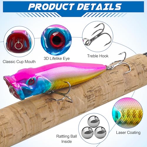 Popper Fishing Lures Kit,8pcs Saltwater Popper Lures Hard Baits Bass Fishing Lures Floating Lures Pencil Poppers Swimbaits for Bass Trout Walleye Freshwater Saltwater