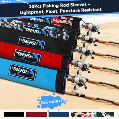 Neoprene Fishing Rod Sleeves for Casting, Spinning, Trolling Pole - Protective Cover Rod Sock with Hanging Loop & Lanyard- Floating, Puncture Resistant, Lightproof - size: 65", style: 10 Pcs