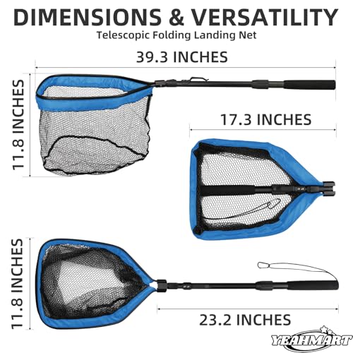 Yeahmart Floating Fishing Net Foldable Landing Net with Pole Handle, Blue | Portable Fishing Gear with Rubber Coated Mesh & Aluminum Handle for Kayak, Fly, Trout, Steelhead, Salmon, Bass Fishing - size: 39.3" Total Length (Telescopic Handle)