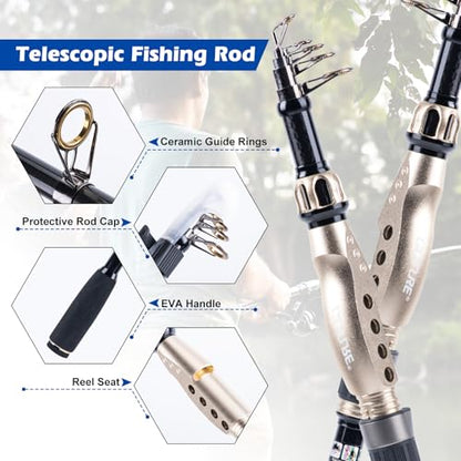 GOTURE Telescopic Fishing Rod and Reel Combos, Carbon Fiber Travel Fishing Pole, 9+1 BB Spinning Reel, Saltwater Freshwater Fishing Gear Kit with Braided Line, Lures, Carrier Bag for Bass Trout - color: 1 Rod & 1 Reel Spinning Fishing Combo - Oxford Soft