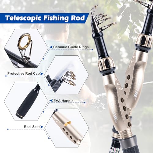 GOTURE Telescopic Fishing Rod and Reel Combos, Carbon Fiber Travel Fishing Pole, 9+1 BB Spinning Reel, Saltwater Freshwater Fishing Gear Kit with Braided Line, Lures, Carrier Bag for Bass Trout - color: 1 Rod & 1 Reel Spinning Fishing Combo - Oxford Soft