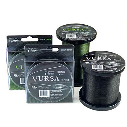 Fitzgerald Vursa Braided Green Professional Graded Power Fishing Line 150/300/1500 Yd, Smooth 8 Strands, Extremely Thin, Heavy Duty, Superior Knot Strength, Longer Casting, Fade Resistant, 10-80 Lb - size: 150yd