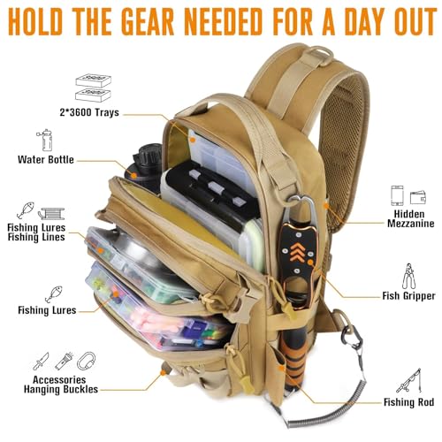 Dovesun Small Fishing Backpack with Tackle Boxes Fishing Sling Bag DIY Embroidery Patches Tackle Bag Gift for Men Khaki - color: A: Fishing Tackle Backpack(khaki)