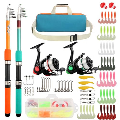 Telescopic Fishing Pole Set with Spinning Reel Lure Hook Storage Bag | Compact Collapsible Rod Reel Combo Travel Fishing Gear Starter Kit for Kids Youth Adults - color: Orange+Green