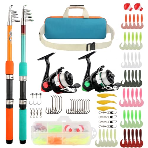 Telescopic Fishing Pole Set with Spinning Reel Lure Hook Storage Bag | Compact Collapsible Rod Reel Combo Travel Fishing Gear Starter Kit for Kids Youth Adults - color: Orange+Green