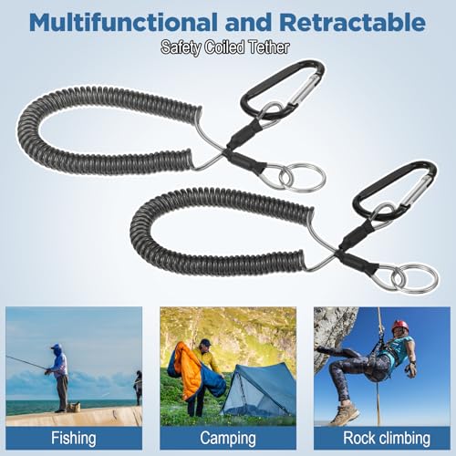 6 Pack Fishing Coiled Lanyard, Retractable Tool Lanyards for Hand Tools Keychain Pole Tether, Kayak Paddle Leash Fishing Rod Safety Steel Wire Lanyards Gear with Carabiner Clips for Pliers Boating
