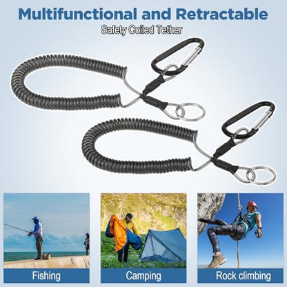 6 Pack Fishing Coiled Lanyard, Retractable Tool Lanyards for Hand Tools Keychain Pole Tether, Kayak Paddle Leash Fishing Rod Safety Steel Wire Lanyards Gear with Carabiner Clips for Pliers Boating