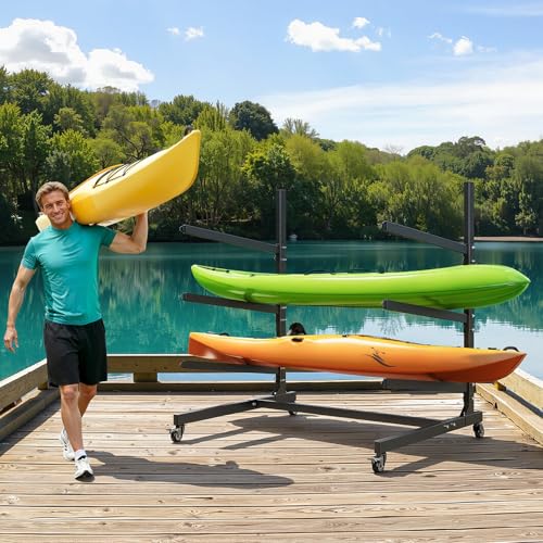 VEVOR Kayak Storage Rack, Heavy Duty Adjustable Freestanding Stand with Lockable Wheels for Indoor Outdoor Garage Shed Dock, Holder for Canoe, SUP, Surfboard & Paddleboard - style: Stand-3 Kayaks-black