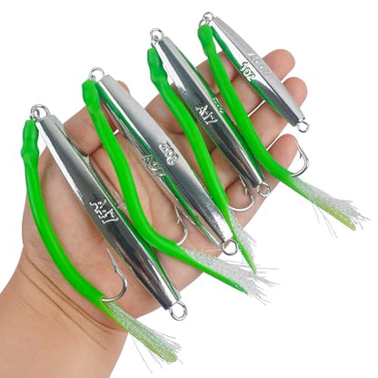Saltwater Fishing Lures Diamond Jigs,3PCS Flat Metal Casting Jigging Spoon Baits with Teasers J Hooks for Surf Fishing Bluefish Striper Tuna Salmon Freshwater - color: Green, size: 3oz - 3pcs