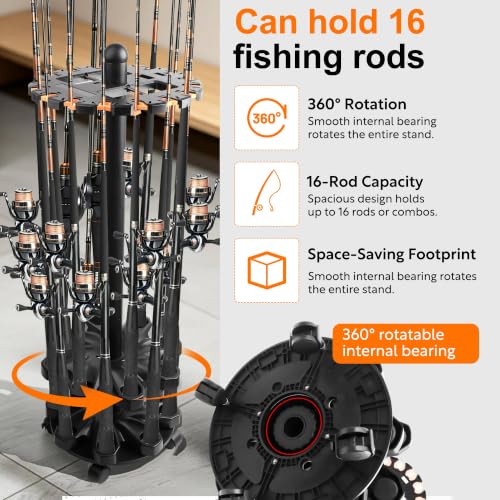 360-Degree Fishing Pole Holder, 16-Rod Fishing Rod Rack with Locking Wheels | Space-saving fishing pole rack for garage with locking wheels, ABS build, dual line slots, soft clips and gift-ready storage