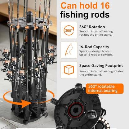 360-Degree Fishing Pole Holder, 16-Rod Fishing Rod Rack with Locking Wheels | Space-saving fishing pole rack for garage with locking wheels, ABS build, dual line slots, soft clips and gift-ready storage