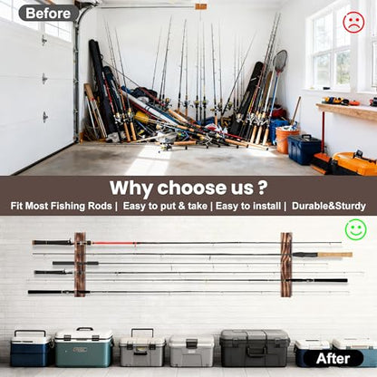 Wooden fishing rod holder Wall or Ceiling Mount – Holds Up to 6 Rods or Combos, Fishing Pole Holder for Garage, Boat, Cabin & Tackle Storage Organization