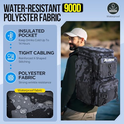 PLUSINNO Fishing Tackle Backpack with Rod Holders，42L Water-resistant Fishing Bag Store Fishing Gear, Fisher Gifts For Men. - color: Black Camo（4 Tackle Boxes Included）