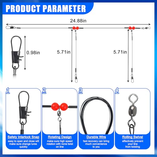 Fishing Leaders Saltwater Tackle Rig Surf Fishing Rigs with Swivel Snaps High Strength Wire Leader Bottom Rigs Fishing Gear Equipment for Lures Bait Hooks - color: Black Stainless Steel, style: 2 Arms-12pcs