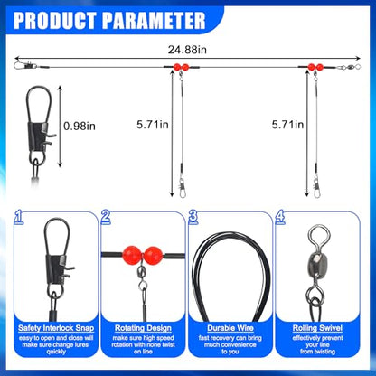 Fishing Leaders Saltwater Tackle Rig Surf Fishing Rigs with Swivel Snaps High Strength Wire Leader Bottom Rigs Fishing Gear Equipment for Lures Bait Hooks - color: Black Stainless Steel, style: 2 Arms-12pcs